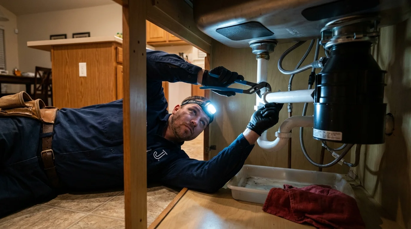 P-trap and supply line connections under a kitchen sink showing a common leak point in Harlan, KY